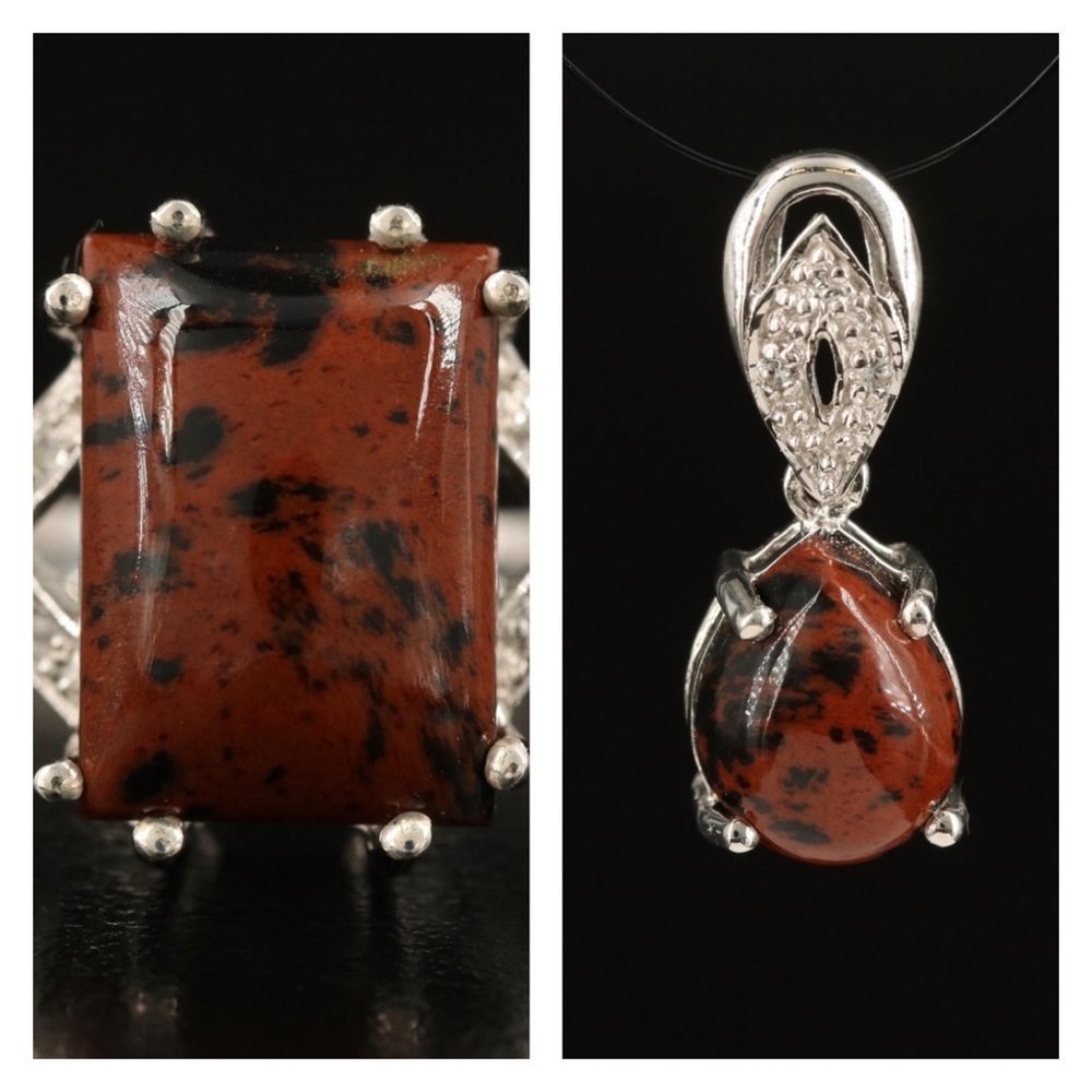 Vintage Sterling Mahogany Obsidian White Topaz Teardrop Pendant and Square Ring